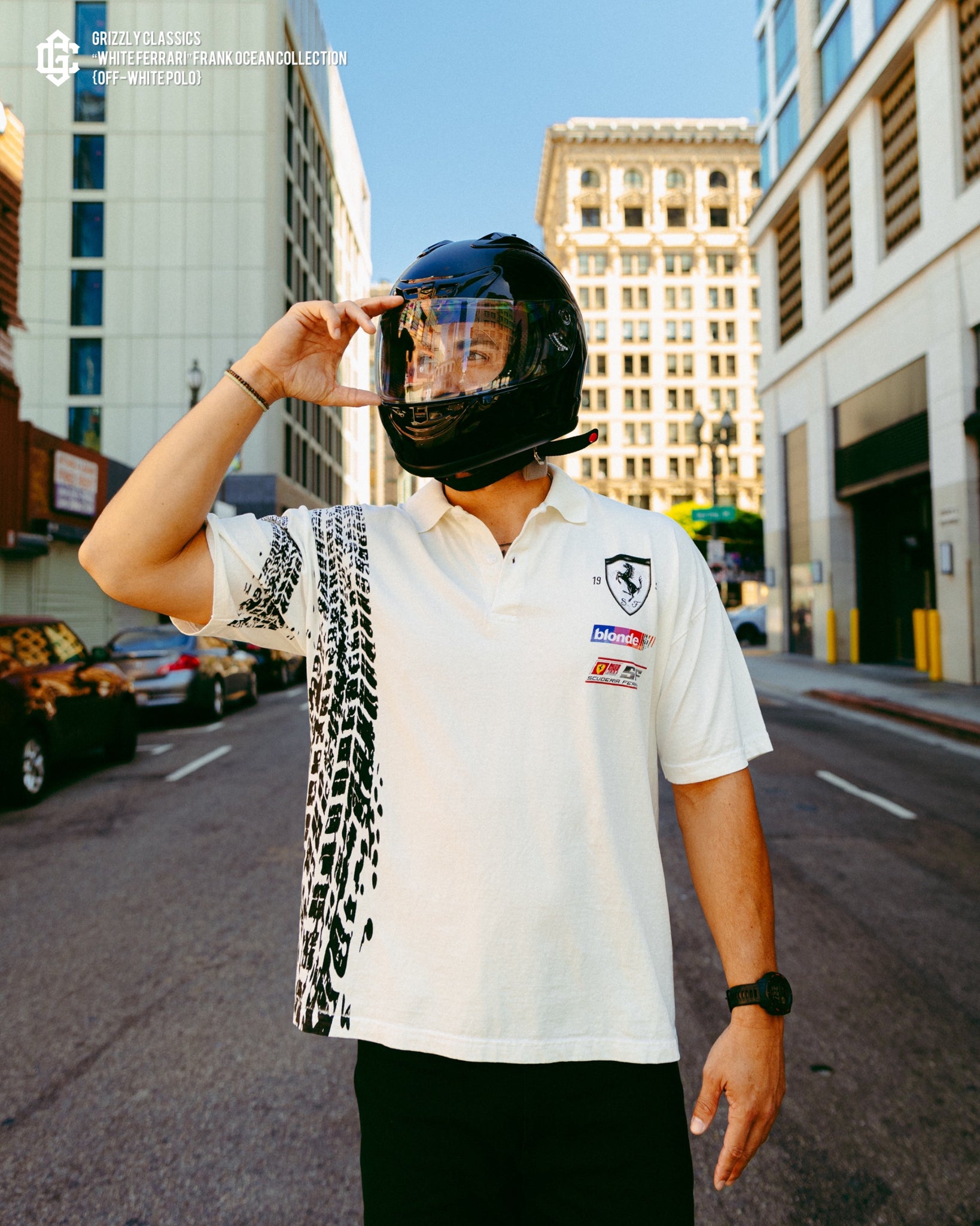 frank ocean motorcycle helmet White Ferrari" Frank Ocean Polo – Grizzly Customz
